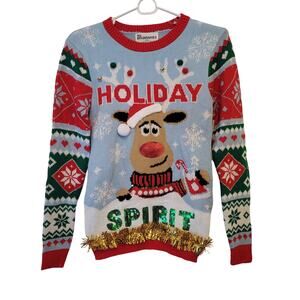 No Boundaries Holiday Ugly Sweater Reindeer Bells Tinsel Sequins Size XXS NWT